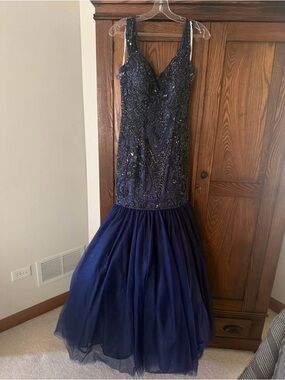 Sherri Hill Navy Beaded Mermaid Prom Dress